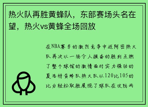 热火队再胜黄蜂队，东部赛场头名在望，热火vs黄蜂全场回放