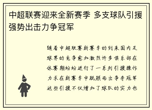中超联赛迎来全新赛季 多支球队引援强势出击力争冠军