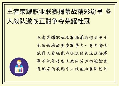 王者荣耀职业联赛揭幕战精彩纷呈 各大战队激战正酣争夺荣耀桂冠
