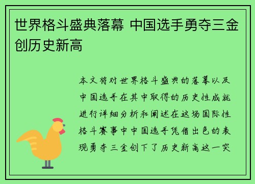 世界格斗盛典落幕 中国选手勇夺三金创历史新高 世界格斗盛典落幕 中国选手勇夺三金创历史新高